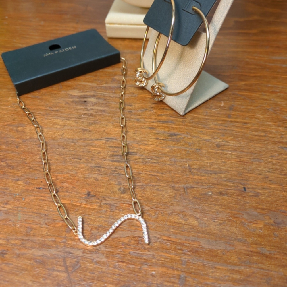 Chic 2PC Initial 'S' Jewelry Set, Sparkly Necklace & Hoop Earrings Goldtone Glam - Picture 2 of 7